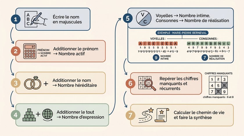 Schéma des sept étapes pour calculer et interpréter la numérologie de son prénom et de son nom.