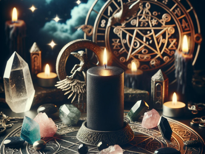 Symboles Wiccan et rituel bougie noire