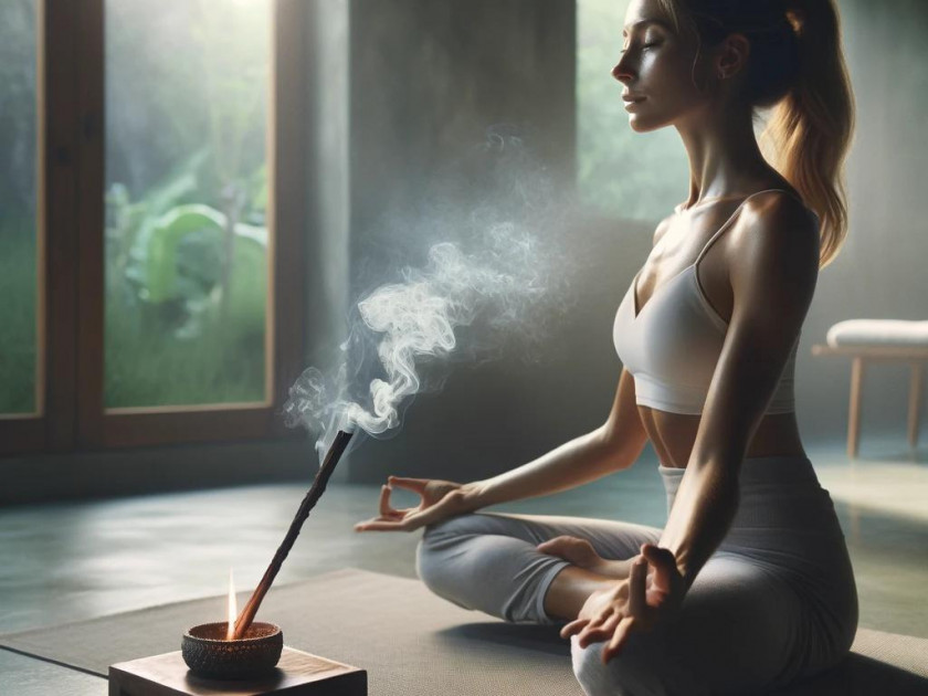 Femme méditant avec bois de palo santo