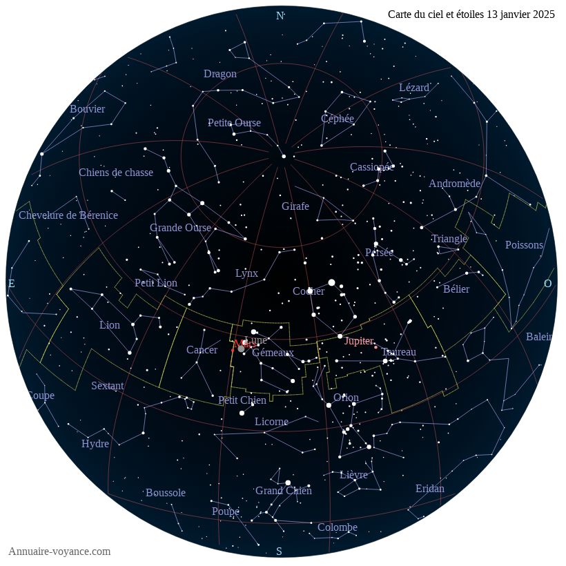 Carte du ciel du 13 janvier 2025 carte des étoiles du 13 1 2025